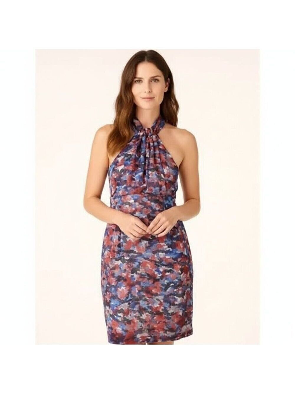 #81 Andrew Marc Watercolor Pleated Halter Dress Tie High Neck Size 4 0217